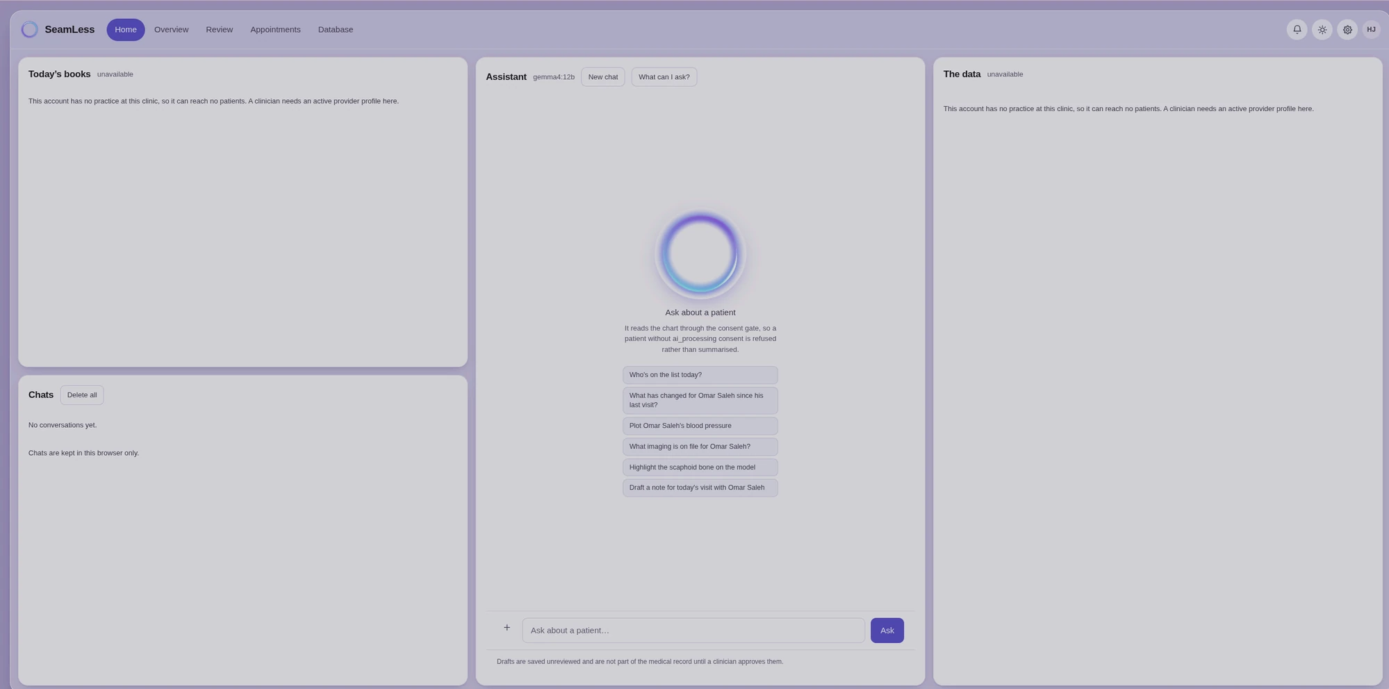 The SeamLess interface: a clinic dashboard with today's books, a chat list, and the Iris assistant open in the centre column.