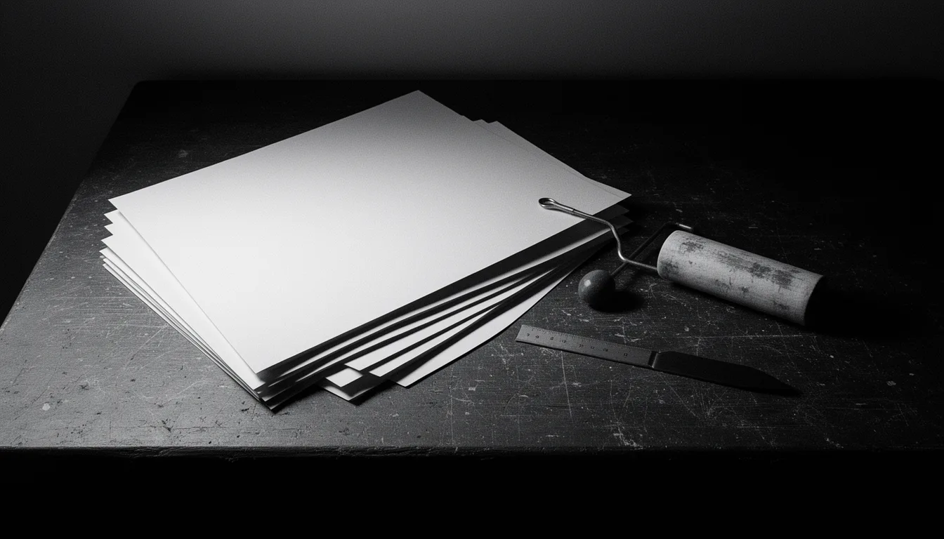 Blank sheets of heavy card, an ink roller, a scalpel and a steel rule on a scarred dark worktop.