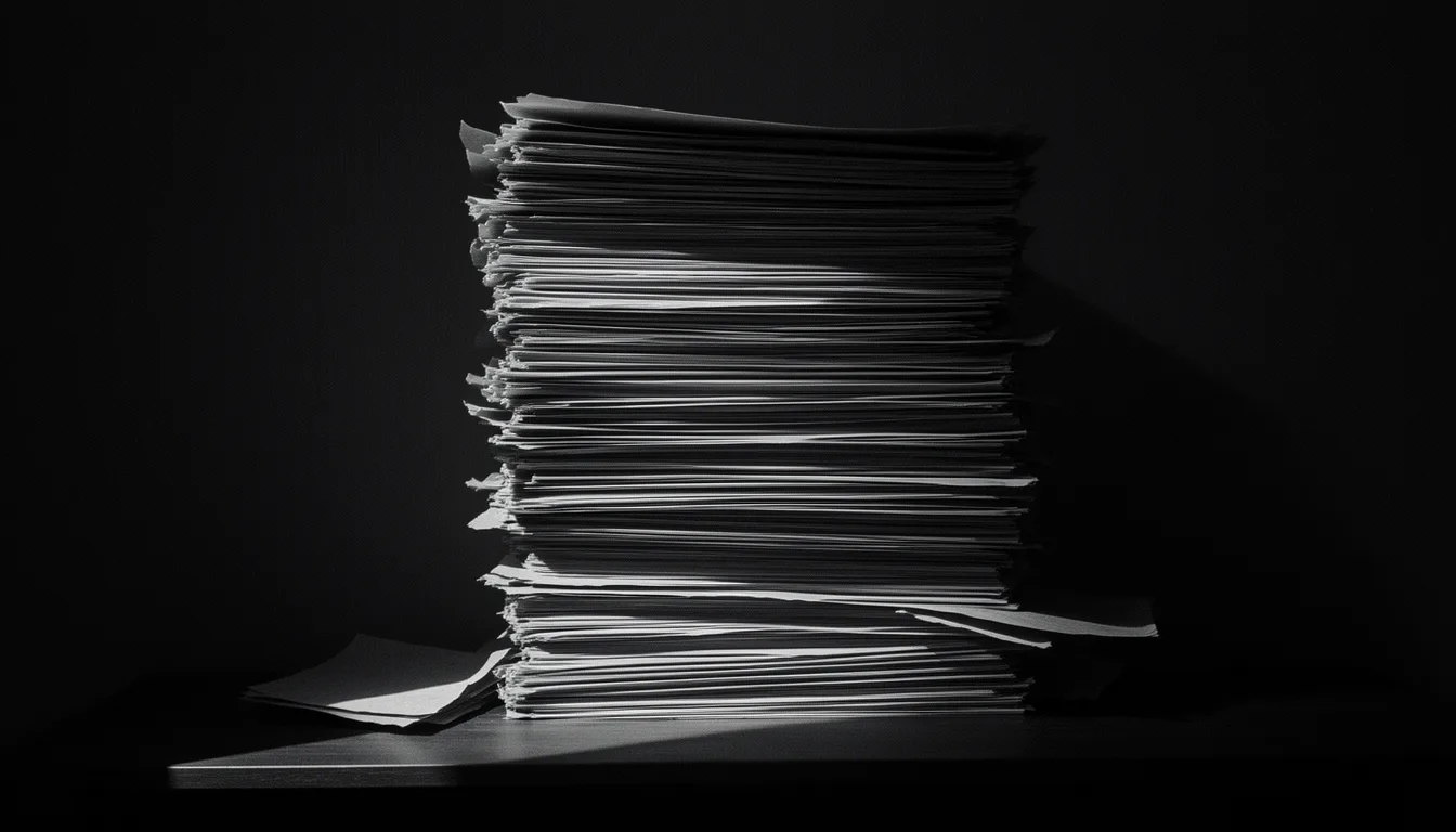 A tall stack of loose paper records and folders on a dark surface, lit by a single narrow shaft of light.